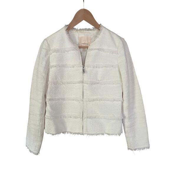 Rebecca Taylor Tweed Fringe Crop Zip Blazer White Sz 2 - Picture 2 of 7